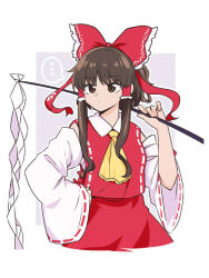Rule 34 | ..., 1girl, ascot, bow, brown eyes, brown hair, commentary request, detached sleeves, frilled bow, frilled hair tubes, frills, gohei, hair bow, hair tubes, hakurei reimu, holding, holding gohei, long hair, red bow, red skirt, ribbon-trimmed sleeves, ribbon trim, shio (futatsumami), skirt, skirt set, solo, spoken ellipsis, touhou, yellow ascot