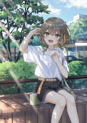 1girl :d bag belt belt_buckle bench black_shorts blonde_hair blush bra_strap braid brown_belt brown_hair buckle building bush cafe colored_inner_hair cup dappled_sunlight day double-parted_bangs drinking_straw feet_out_of_frame green_ribbon grey_bag hair_between_eyes hair_ribbon hand_in_own_hair hand_on_own_chest hand_up handbag highres knees_together_feet_apart light_rays looking_ahead miko_fly multicolored_hair on_bench open_mouth original outdoors railing ribbon shade shirt shirt_partially_tucked_in short_hair short_sleeves shorts side_braid sidelocks signature sitting smile smoothie solo sparkling_eyes streaked_hair sunbeam sunlight tree two-tone_hair white_shirt wooden_bench yellow_eyes