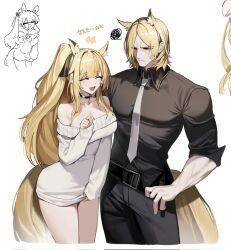 1boy 1girl animal_ear_fluff animal_ears arknights bare_shoulders black_choker black_pants black_shirt blemishine_(arknights) blonde_hair choker closed_eyes collarbone collared_shirt commentary_request cowboy_shot cropped_legs highres horse_boy horse_ears horse_girl horse_tail korean_commentary long_hair mlynar_(arknights) necktie ness_(pjw0168) off-shoulder_sweater off_shoulder open_mouth pants shirt shirt_tucked_in sleeves_past_wrists squiggle sweater tail translation_request uncle_and_niece white_background white_necktie white_sweater yellow_eyes