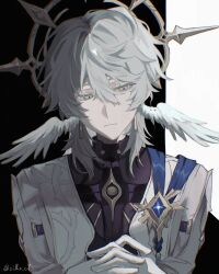 1boy blue_pupils closed_mouth cyn_ouo earrings gold_halo grey_hair halo head_wings highres honkai:_star_rail honkai_(series) interlocked_fingers jewelry male_focus medium_hair solo spiked_halo sunday_(honkai:_star_rail) twitter_username upper_body white_wings wings yellow_eyes