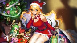 1girl arielle_(vtuber) bell bell_earrings belt black_belt blonde_hair blue_eyes box box_of_chocolates breasts christmas christmas_tree commentary commission decorations detached_sleeves dress earrings english_commentary flying_sweatdrops froggyloch_(vtuber) gift grin hair_between_eyes haruka_karibu hat heavenly_father highres indie_virtual_youtuber jewelry large_breasts long_hair looking_at_viewer pov santa_costume santa_dress santa_hat shadow smile virtual_youtuber vshojo yuarima2 zentreya zentreya_(dragon)
