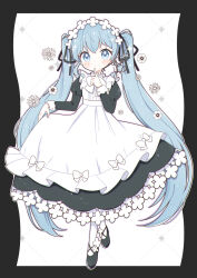 1girl alternate_costume aobahosino apron aqua_hair blush_stickers closed_mouth hatsune_miku highres juliet_sleeves long_hair long_sleeves maid maid_apron puffy_sleeves solo twintails very_long_hair vocaloid