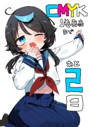 1girl absurdres black_hair blue_eyes blue_hair blue_sailor_collar blue_skirt blush cmyk:_sameda_kazuou_wa_chuunibyou_ga_naosenai copyright_name countdown_illustration hand_to_own_mouth highres ikezaki_shian koba long_hair long_skirt looking_at_viewer low_twintails midriff_peek multicolored_hair navel neckerchief one_eye_closed open_mouth pinching_sleeves pleated_skirt red_neckerchief sailor_collar school_uniform seiza serafuku shirt simple_background sitting skirt solo streaked_hair tearing_up twintails white_shirt yawning