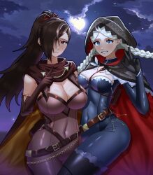2girls ahoge black_gloves blue_bodysuit blue_eyes blue_mask bodysuit braid breasts brown_hair cape cleavage cloud cloudy_sky commission commissioner_upload crystal_earrings earrings fire_emblem fire_emblem_fates fire_emblem_heroes full_moon gloves hair_over_one_eye harness highres hood hood_up hooded_cape jewelry kagero_(fire_emblem) kagero_(thief)_(fire_emblem) keyring ko-fi_commission large_breasts leather_belt long_hair low_twin_braids medium_breasts moon multiple_girls night night_sky nina_(fire_emblem) nina_(thief)_(fire_emblem) nintendo non-web_source novasvr o-ring o-ring_harness official_alternate_costume parted_bangs phantom_thief ponytail skin_tight sky thief turtleneck twin_braids two-tone_bodysuit two-tone_cape white_hair yellow_cape