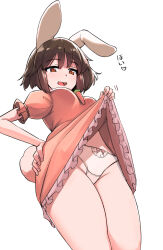 Rule 34 | 1girl, :d, animal ears, blush, breasts, brown hair, carrot necklace, clothes lift, dress, dress lift, fang, frilled dress, frills, from below, groin, hair between eyes, hand on own hip, highres, hip focus, inaba tewi, ippongui, jewelry, lifting own clothes, looking at viewer, looking down, medium breasts, medium hair, necklace, open mouth, orange eyes, panties, pink dress, presenting, rabbit ears, rabbit girl, rabbit tail, small breasts, smile, smug, solo, tail, teasing, thighs, touhou, underwear, white panties