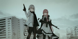 2girls :d aek-971 ak-47 apartment apron assault_rifle black_dress black_gloves black_jacket black_legwear black_shirt black_shorts brown_eyes building chihuri cigarette closed_mouth cloud cloudy_sky damaged dress gloves grey_eyes grey_hair gun hair_between_eyes hand_up holding holding_gun holding_weapon jacket juliet_sleeves kalashnikov_rifle long_hair long_sleeves looking_at_viewer mouth_hold multiple_girls off_shoulder open_clothes open_jacket open_mouth original outdoors overcast pantyhose pink_hair power_lines puffy_sleeves rifle ruins shirt short_shorts shorts sky sleeveless sleeveless_dress smile smoke smoking standing trigger_discipline very_long_hair waist_apron weapon white_apron white_jacket white_shirt yana_(chihuri) zoya_petrovna_vecheslova