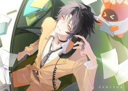 &gt;_&lt; 1boy absurdres artist_name asaba_harumasa bangboo_(zenless_zone_zero) belt belt_buckle black_choker black_hair black_necktie book brown_belt buckle chair choker clipboard collared_shirt commentary corded_phone desk folder from_above hand_up highres holding holding_phone indoors jacket jewelry lapels light_particles long_sleeves looking_at_viewer looking_up male_focus necktie office_chair on_chair pants paper parted_bangs parted_lips phone ring shirt short_hair smile solo sshiyo0 swivel_chair symbol-only_commentary table white_shirt wing_collar yellow_eyes yellow_jacket yellow_pants zenless_zone_zero
