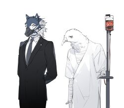 2boys armored_core armored_core_vi:_fires_of_rubicon arms_behind_back bandaged_arm bandaged_chest bandages bird_boy black_jacket black_necktie black_pants black_suit cola collared_shirt cowboy_shot formal_clothes furry furry_male highres hospital_gown intravenous_drip jacket male_focus multiple_boys muzzle_(mask) necktie pants raven_(armored_core_vi) riio shirt simple_background standing suit v.iv_rusty white_background white_shirt wolf_boy yellow_eyes