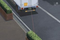 2girls 3boys animated animated_gif ankle_socks black_hair blue_eyes blush brown_hair glasses haibara_ai jacket long_hair lowres meitantei_conan motor_vehicle multiple_boys multiple_girls road short_hair socks street tagme truck unraveling