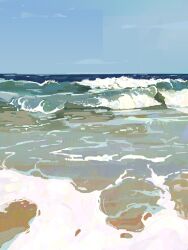 beach blue_sky clear_sky day highres horizon junbuug landscape no_humans ocean original outdoors painterly scenery sky surf waves