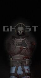 1boy balaclava belt black_background black_jacket blood blood_on_clothes blood_on_mask blue_pants bulletproof_vest call_of_duty call_of_duty:_modern_warfare_2 character_name collared_jacket commentary cowboy_shot denim english_commentary ghost_(modern_warfare_2) gloves gun headphones headset highres holstered jacket jeans k4nczz long_sleeves looking_at_viewer male_focus mask military_combat_uniform military_uniform negative_space pants pouch red_eyes sanpaku shoulder_pouch skeleton_print skull_mask solo standing straight-on thigh_pouch union_jack vest weapon