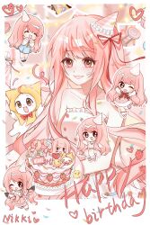 5girls ^_^ absurdly_long_hair absurdres animal ankle_socks argyle_clothes argyle_dress arms_up bare_arms bare_shoulders belt birthday birthday_cake black_belt black_bow black_shoes bloom_poetry_(shining_nikki) blue_skirt border bow bow_choker bow_legwear bowtie brown_eyes cake cat character_name chibi choker cloak closed_eyes clothed_animal collarbone confetti cowboy_shot cross-laced_clothes cross-laced_dress crumbs dot_nose dress dress_ribbon ear_covers eyelashes flower flower_necklace food food_print frilled_dress frilled_shirt frilled_skirt frills fruit fruit_print hair_bow hand_up hands_on_own_chin happy_birthday hat hat_ribbon head_tilt heart high-waist_skirt highres holding holding_plate hood hood_up hooded_cloak indoors infinity_nikki jewelry jianuannuannuan kneehighs layered_skirt light_blush long_hair long_sidelocks long_sleeves looking_ahead low_twintails mary_janes medium_dress medium_skirt miniskirt miracle_nikki momo_(nikki) multiple_girls necklace nikki_(nikki) nikki_(series) nikki_up2u nikki_up2u2:_world_traveller one_eye_closed open_mouth outline outside_border party_hat perfect_start_(infinity_nikki) photo_(object) pinafore_dress pink_bow pink_bowtie pink_choker pink_dress pink_flower pink_hair pink_hat pink_shoes pink_skirt plate pleated_skirt puffy_long_sleeves puffy_sleeves red_bow red_bowtie red_ribbon ribbon shining_nikki shirt shoes short_dress sidelocks sitting skirt sleeve_cuffs sleeveless sleeveless_dress sleeves_past_wrists smile socks strapless strapless_dress strawberry strawberry_print striped_hat tile_floor tiles traditional_bowtie turtleneck turtleneck_shirt twintails very_long_hair wavy_hair white_border white_cat white_dress white_outline white_shirt white_shoes white_skirt white_socks yellow_bow yellow_bowtie yellow_cloak yoyo_(miracle_nikki)