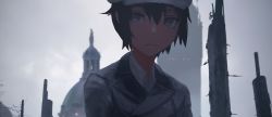 1girl bare_tree black_coat black_hair coat cropped dome dress_shirt expressionless female_focus hair_between_eyes hat highres kino_(kino_no_tabi) kino_no_tabi light_frown looking_at_viewer overcast portrait purple_eyes rounin_(amuza) shirt short_hair sky solo tree white_shirt