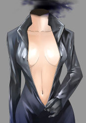 1girl black_bodysuit bodysuit breasts celty_sturluson cleavage covered_erect_nipples dullahan durarara!! female_focus full-length_zipper headless ikuyoan medium_breasts navel simple_background solo unzipping yaranaika zipper