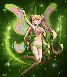 1girl arm_up bare_shoulders barefoot_sandals_(jewelry) blonde_hair blue_eyes bottle braid breasts bright_pupils character_request choker cleavage clenched_hand clothing_cutout collarbone colored_tips commentary commission crossed_bangs double_bun dress elbow_gloves enchantix english_commentary fairy fairy_wings full_body glitter gloves gradient_clothes gradient_dress green_background green_choker green_dress green_gloves green_shorts green_wings hair_bun hair_ears hair_ornament hair_ribbon hair_tubes hand_on_own_chest highres hourglass indie_virtual_youtuber leaf_hair_ornament light_particles looking_at_hand magical_girl multicolored_hair navel outstretched_hand oversized_wings pink_dress pink_ribbon pink_wings pointy_ears ribbon see-through_clothes see-through_gloves short_shorts shorts signature small_breasts solo sparkle stomach stomach_cutout toes twin_braids two-tone_dress two-tone_hair two-tone_wings virtual_youtuber white_pupils wikate wings winx_club