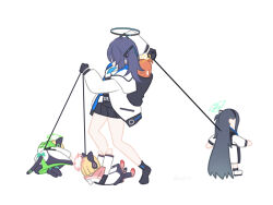 5girls ahoge animal_ear_headphones animal_ears animal_hood aris_(blue_archive) arm_up arms_up baby_carrier babysitter black_coat black_footwear black_gloves black_hair black_jacket black_skirt blazer blue_archive blue_necktie cat_ear_headphones cat_hood cat_tail coat commentary faceless faceless_female fake_animal_ears fake_tail from_side full_body gloves green_coat hair_ornament halo headphones holding holding_leash hood hood_down jacket leash long_hair long_sleeves lying meme midori_(blue_archive) mildtaste momoi_(blue_archive) multicolored_coat multiple_girls necktie on_back on_floor on_side one_side_up orange_hair pink_coat pink_shoes pleated_skirt reaching rough_day_for_mom_(meme) shoes siblings simple_background sisters skirt standing symbol-only_commentary tail twitter_username two_side_up very_long_hair white_background white_coat white_footwear yamcha_pose_(meme) yuuka_(blue_archive) yuzu_(blue_archive)