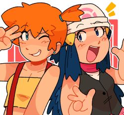 2girls :d asymmetrical_hair bare_shoulders beanie blue_eyes blue_hair blush breasts dawn_(pokemon) double_v earrings grin hair_ornament hand_up hands_up hat highres jewelry long_hair misty_(pokemon) multiple_girls nintendo notice_lines one_eye_closed open_mouth orange_hair pokemon pokemon_(anime) ponytail red_scarf scarf shirt short_hair side_ponytail sleeveless sleeveless_shirt smile suspenders teeth upper_body v w wink yellow_shirt