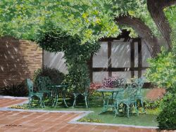 brick_wall bush chair commentary_request dappled_sunlight day no_humans original outdoors painting_(medium) scenery signature sunlight traditional_media tree watanabe_masato watercolor_(medium)