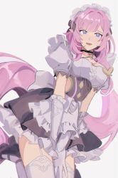 1girl between_legs breasts cleavage elbow_gloves elysia_(honkai_impact) elysia_(miss_pink)_(honkai_impact) elysia_(miss_pink_elf)_(honkai_impact) garter_straps gloves hand_between_legs high_heels highres honkai_(series) honkai_impact_3rd long_hair looking_at_viewer maid maid_headdress official_alternate_costume open_mouth parted_lips pink_hair shoes simple_background solo thighhighs uehara_suiyo