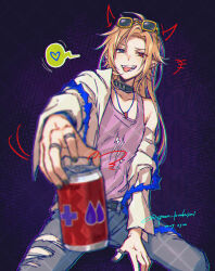 Rule 34 | +++, 1boy, ahoge, artist name, black choker, black nails, blonde hair, blue pants, can, choker, collarbone, collared shirt, commentary, dated, denim, drink can, ear piercing, fangs, fingernails, grey eyes, hair between eyes, heart, heterochromia, highres, holding, holding can, hugo vlad, jeans, jewelry, linked piercing, long hair, long sleeves, looking at viewer, male focus, mole, mole under eye, multiple rings, nail polish, necklace, off shoulder, official alternate costume, open clothes, open mouth, open shirt, outstretched hand, pants, parted bangs, piercing, pointy ears, purple background, purple tank top, red eyes, ring, shirt, sidelocks, sitting, smile, solo, speech bubble, spoken heart, symbol-only commentary, tank top, teeth, thumb ring, tongue, tongue out, torn clothes, torn pants, twitter username, washidake, white shirt, zenless zone zero