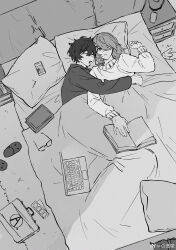 Rule 34 | 2boys, absurdres, akechi gorou, amamiya ren, animal slippers, bed, bed frame, bed sheet, black-framed eyewear, black hair, book, carpet, cellphone, closed eyes, closed mouth, computer, cuddling, drooling, from above, glasses, greyscale, hair between eyes, hair over one eye, halftone, highres, holding, holding book, indoors, kurashimaizumi, laptop, loaded interior, lofter username, long sleeves, male focus, medium hair, messy hair, monochrome, mouth drool, multiple boys, nightstand, open mouth, persona, persona 5, persona 5 the royal, phone, photo (object), pillow, ribbed sweater, short hair, single slipper, sleeping, slice of life, slippers, smartphone, suitcase, sweater, under covers, unworn eyewear, unworn slippers, waking up, yaoi