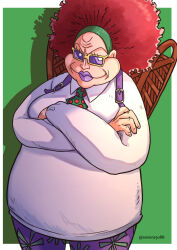 1girl aosora2823 backpack bag collared_shirt crossed_arms green_background hairband highres miss_merry_christmas one_piece pants polka_dot_necktie print_pants purple_lips purple_pants red_hair shadow shirt simple_background solo sunglasses white_shirt yellow-framed_eyewear