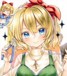2girls alice_margatroid alternate_costume blonde_hair blue_eyes bow bow_hairband closed_mouth commentary_request dress green_dress hair_bow hairband holding_pliers jewelry long_sleeves multiple_girls necklace nekofish666 pendant pliers red_bow red_hairband shanghai_doll smile touhou touhou_lostword traditional_media twitter_username
