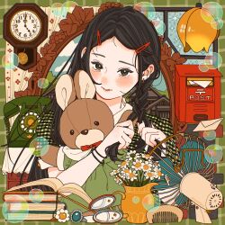 Rule 34 | 1girl, antique phone, black eyes, black hair, blush, book, braiding hair, bubble, clock, comb, electric fan, eyelashes, flower, gem, hair ornament, hairclip, hairdressing, highres, holding, holding comb, holding own hair, jewelry, lips, long hair, looking at viewer, mtirn3373, open book, original, parted lips, ring, solo, square, stuffed animal, stuffed toy, vase, wall clock, white flower