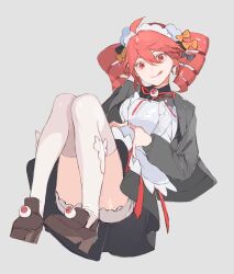 1girl ahoge alternate_costume black_bow black_dress bloomers bow brown_shoes commentary dress drill_hair floating_hair frilled_hairband frills full_body grey_background hair_between_eyes hair_bow hair_ornament hairband halloween_costume highres kasane_teto long_sleeves looking_at_viewer mushisawa neck_ribbon orange_bow over-kneehighs platform_shoes red_eyes red_hair red_ribbon ribbon shoes simple_background smile solo symbol-only_commentary thighhighs tongue tongue_out twin_drills underwear utau white_bloomers white_dress white_hairband white_thighhighs