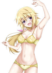1girl absurdres arm_up blonde_hair bra breasts charlotte_dunois cleavage commentary_request groin hair_ribbon highres infinite_stratos low_ponytail medium_breasts navel panties ponytail purple_eyes ribbon shalu simple_background solo underwear underwear_only white_background yellow_bra yellow_panties