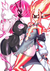 2girls asymmetrical_docking black_bodysuit black_gloves bodysuit breast_press breasts center_opening cleavage_cutout clothing_cutout collar covered_navel domino_mask dress duel_monster electricity energy energy_girl enmo_takeshita fingerless_gloves gloves grey_dress hair_over_one_eye halter_dress halterneck highres hip_vent jacket large_breasts long_hair long_sleeves mask mechanical_ears miniskirt multiple_girls open_clothes open_jacket orange_hair pink_hair see-through_clothes short_hair sidelocks skirt small_breasts spright_carrot spright_elf thighhighs white_jacket white_skirt white_thighhighs yellow_eyes yu-gi-oh!