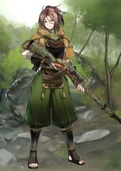1girl ahoge arm_at_side armor bandaged_arm bandaged_hand bandages bandana bandana_around_neck bead_necklace beads breasts brown_capelet brown_eyes brown_hair camouflage capelet closed_mouth clothing_request fate/grand_order fate_(series) full_body game_cg green_bandana green_pants green_sash gun hair_between_eyes hair_ribbon hand_up hip_vent holding holding_gun holding_weapon hood hood_down hooded_capelet japanese_armor japanese_clothes jewelry kote kurokote leg_armor legs_apart long_hair_between_eyes looking_at_viewer medium_breasts medium_hair multiple_scars musket necklace official_art pants ponytail puffy_pants ribbon rifle sandals sash scar scar_on_arm scar_on_face scar_on_nose sideboob sideless_outfit sidelocks smile solo standing sugitani_zenjubou_(fate) sugitani_zenjubou_(third_ascension)_(fate) suneate takenaka_hideo tassel third-party_source toes tomboy trigger_discipline variant_set waist_sash weapon white_ribbon