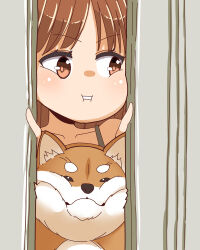 Rule 34 | 1girl, 1other, alternate costume, bare shoulders, black camisole, black tank top, brown eyes, brown hair, camisole, casual, collarbone, crack, cracked wall, dog, girls und panzer, here&#039;s johnny! (meme), highres, masakasu, meme, nishizumi family dog, nishizumi miho, pout, shiba inu, shirt, sleeveless, sleeveless shirt, spaghetti strap, squeezing, tank top