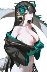 Rule 34 | 1girl, alternate costume, arknights, black hair, bottomless, breasts, closed mouth, collarbone, commentary, cowboy shot, dragon tail, dusk (arknights), eastern dragon horns, english commentary, from side, green hands, green horns, hair over one eye, highres, horns, iumu, looking at viewer, medium breasts, navel, nipples, out-of-frame censoring, paid reward available, pointy ears, red eyes, simple background, smile, solo, stomach, tail, white background