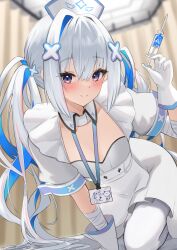 1girl amane_kanata amane_kanata_(nurse) apron bandaged_arm bandages blurry blurry_background blush cleavage_cutout closed_mouth clothing_cutout colored_inner_hair detached_collar dress flat_chest gloves grey_hair hair_intakes hat highres holding holding_syringe hololive id_card indoors lanyard long_hair looking_at_viewer multicolored_hair nurse_cap pantyhose privacy_screen pyonsan short_sleeves sidelocks smile solo split syringe twintails very_long_hair virtual_youtuber waist_apron white_dress white_gloves white_pantyhose