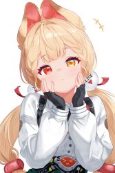 +++ 1girl alice_thymefield animal_ears black_gloves blonde_hair commentary expressionless fingerless_gloves fingernails gloves hands_on_own_face heterochromia hyst.oire long_hair long_sleeves looking_at_viewer rabbit_ears rabbit_girl red_eyes shirt simple_background sphere_hair_ornament symbol-only_commentary twintails upper_body white_background white_shirt yellow_eyes zenless_zone_zero