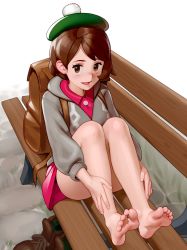 1girl absurdres backpack bag bare_legs barefoot bench bob_cut boots brown_bag brown_eyes brown_footwear brown_hair cardigan commission dress feet female_focus gloria_(pokemon) green_hat grey_cardigan hands_on_legs hat highres kairunoburogu long_sleeves looking_at_viewer nintendo open_mouth pink_dress pokemon pokemon_swsh shoes short_hair sitting smile soles solo tam_o&#039;_shanter thighs toes unworn_shoes