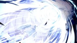 1girl admiral_hipper_(meta)_(azur_lane) apocalypse azur_lane black_sky blue_light cane cloud cloudy_sky creature dress energy_blast floating_hair frills full_body game_cg gloves green_eyes hair_between_eyes hair_ornament highres holding incoming_attack leg_ribbon leg_tattoo lightning long_hair long_sleeves looking_up machinery non-web_source ribbon rigging scenery short_dress sky solo standing standing_on_object tattoo
