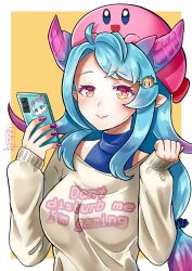1boy 1girl absurdres blue_eyes blue_hair breasts cellphone dragalia_lost dragon_girl dragon_horns gradient_hair highres horns humanoid_mercury_(dragalia_lost) kagura_oni kirby kirby_(series) medium_breasts multicolored_hair nintendo phone pink_eyes pink_hair signature smartphone smile