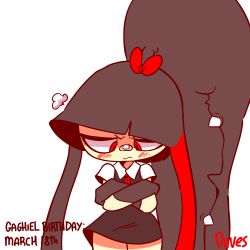 1girl animated animated_gif annoyed arms_behind_back arms_up artist_name birthday black_dress black_hair blush bow breasts cowboy_shot creatures_(company) crossed_arms dated diives dress english_text extra_mouth fangs female_focus game_freak gen_3_pokemon hair_bow hair_ornament half-closed_eyes happy_birthday heart looking_at_viewer looking_away mawile neckerchief nintendo no_humans open_mouth pokemon pokemon_(creature) red_bow red_eyes red_neckerchief school_uniform sharp_teeth shirt short_sleeves shy signature sleeveless sleeveless_dress small_breasts solo standing talking teeth text_focus tsundere white_shirt