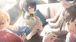 blonde_hair book cellphone couch cup game_cg highres holding idolmaster idolmaster_shiny_colors idolmaster_shiny_colors_song_for_prism jewelry morino_rinze mug official_art open_book open_mouth phone pillow red_eyes red_hair ring saijo_juri smartphone sonoda_chiyoko