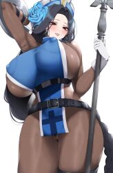 1girl absurdres aizawa_marimo black_hair blush bodystocking braid braided_ponytail breasts cameltoe covered_erect_nipples cross cross_earrings earrings flower gloves goddess_of_victory:_nikke hair_flower hair_ornament hat highres holding holding_weapon huge_breasts ice_flower jewelry large_breasts long_hair looking_at_viewer maiden_(ice_rose)_(nikke) maiden_(nikke) official_alternate_costume red_eyes see-through_clothes simple_background solo tongue_tattoo very_long_hair weapon white_background white_gloves