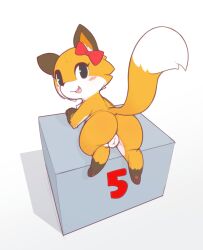 1girl animal_focus animal_pussy animal_sexualization anus anus_peek ass barefoot black_eyes blush blush_stickers borrowed_character bow cleft_of_venus ear_bow fang female_focus fox from_behind happy kekitopu looking_at_viewer lying no_humans on_stomach open_mouth original pawpads pedestal pussy red_bow simple_background smile solo tail_raised thick_thighs thighs uncensored white_background