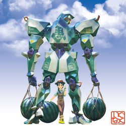 1girl black_hair brown_eyes cloud day farmer food fruit gloves hat highres igunuk mecha net original overalls oversized_object ponytail realistic robot science_fiction shoes signature sneakers v watermelon
