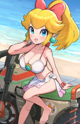 1girl absurdres bare_shoulders barefoot beach bikini blonde_hair blue_eyes bow breasts cleavage earrings feet gonzarez hair_bow highres jewelry large_breasts long_hair looking_at_viewer mario_(series) mario_kart mario_kart_world motor_vehicle motorcycle navel nintendo on_motorcycle pink_bow ponytail princess_peach princess_peach_(touring) rally_bike_(mario_kart_world) sarong shorts solo sphere_earrings stomach swimsuit white_bikini white_sarong wrist_cuffs