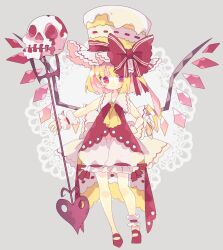 1girl adapted_costume alternate_costume ankle_garter ascot asymmetrical_dress back_bow blonde_hair bloomers bow cake_hat closed_mouth collar collared_dress commentary_request crystal_wings dress drill_hair expressionless eyelashes flandre_scarlet frilled_garter frilled_hat frills full_body grey_background hand_on_own_hip hat hat_bow highres holding holding_pitchfork lace light_blush looking_at_viewer nikorashi-ka one_side_up pitchfork red_bow red_dress red_eyes red_garter red_ribbon red_shoes ribbon ribbon-trimmed_headwear ribbon_legwear ribbon_trim shoes short_hair skull sleeveless sleeveless_dress solo touhou underwear white_bloomers white_bow white_collar white_wrist_cuffs wrist_cuffs yellow_ascot yellow_hat