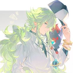 Rule 34 | 1boy, bakutiku, bangle, black undershirt, blue eyes, blurry, bracelet, closed mouth, collared shirt, commentary, from side, gen 5 pokemon, green hair, hand up, hat, highres, holding, holding unworn clothes, holding unworn hat, jewelry, long hair, looking at viewer, male focus, n (pokemon), necklace, nintendo, notice lines, pokemon, pokemon (creature), pokemon bw, shirt, smile, undershirt, unworn hat, unworn headwear, upper body, white shirt, zorua