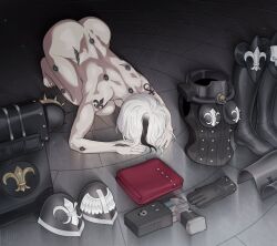 absurdres adepta_sororitas armor ass back backpack bag black_bag black_boots black_gloves black_hair boots breasts commission dogeza folded_clothes gloves gun handgun highres large_breasts multicolored_hair naked_dogeza nude power_armor tattoo two-tone_hair warhammer_40k weapon white_hair xashtar
