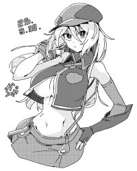 1girl alisa_ilinichina_amiella breasts newsboy_cap caguya crop_top detached_sleeves fingerless_gloves gloves god_eater greyscale hat highres large_breasts long_hair monochrome navel partially_unzipped single_detached_sleeve skirt suspender_skirt suspenders underboob