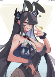 Rule 34 | 1girl, animal ears, asymmetrical horns, bare shoulders, black hair, black leotard, blue hair, bow, bowtie, breasts, cleavage, colored inner hair, commentary, crystal horns, demon horns, detached collar, english commentary, fake animal ears, fishnet pantyhose, fishnets, flower, highleg, highleg leotard, highres, hololive, hololive english, horn flower, horns, jailbird (nerissa ravencroft), large breasts, leotard, long hair, looking at viewer, mole, mole under eye, multicolored hair, nadirequinox, nerissa ravencroft, pantyhose, playboy bunny, rabbit ears, red eyes, smile, solo, strapless, strapless leotard, traditional bowtie, two-tone hair, uneven horns, very long hair, virtual youtuber, wrist cuffs